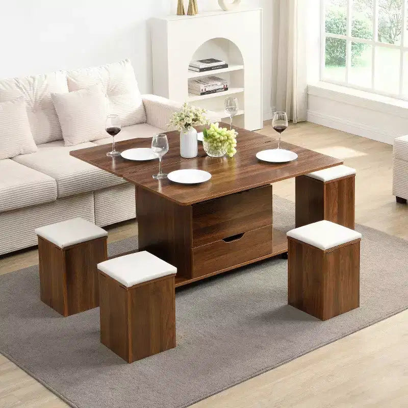 Table basse relevable moderne avec rangement et tabourets, table centrale multifonctionnelle mobile pour petits salons ou appartements