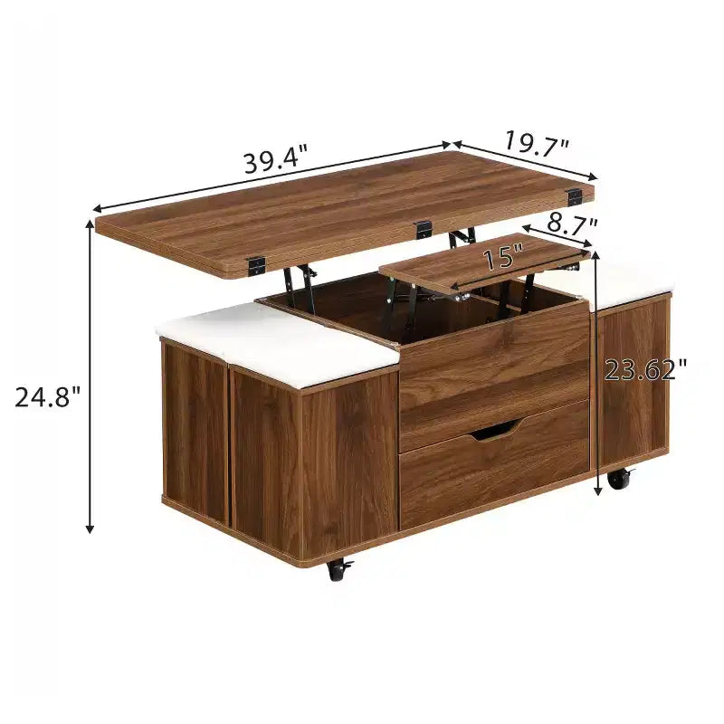 Table basse relevable moderne avec rangement et tabourets, table centrale multifonctionnelle mobile pour petits salons ou appartements