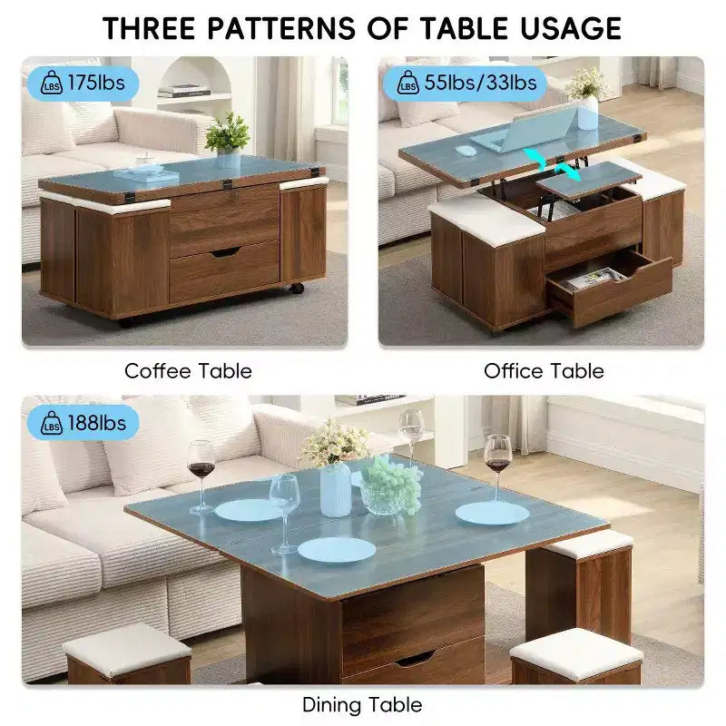 Table basse relevable moderne avec rangement et tabourets, table centrale multifonctionnelle mobile pour petits salons ou appartements