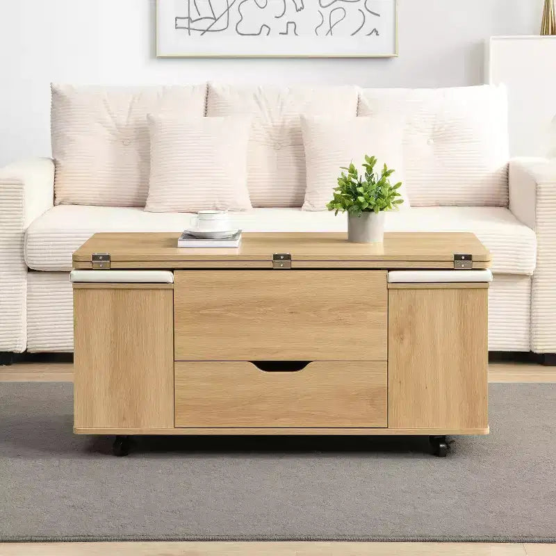 Table basse relevable moderne avec rangement et tabourets, table centrale multifonctionnelle mobile pour petits salons ou appartements