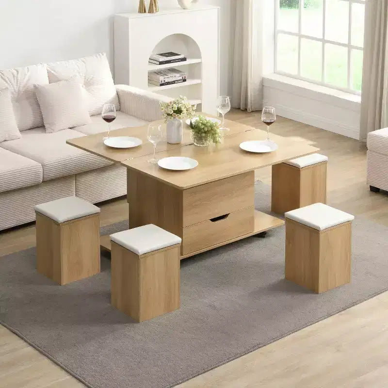Table basse relevable moderne avec rangement et tabourets, table centrale multifonctionnelle mobile pour petits salons ou appartements