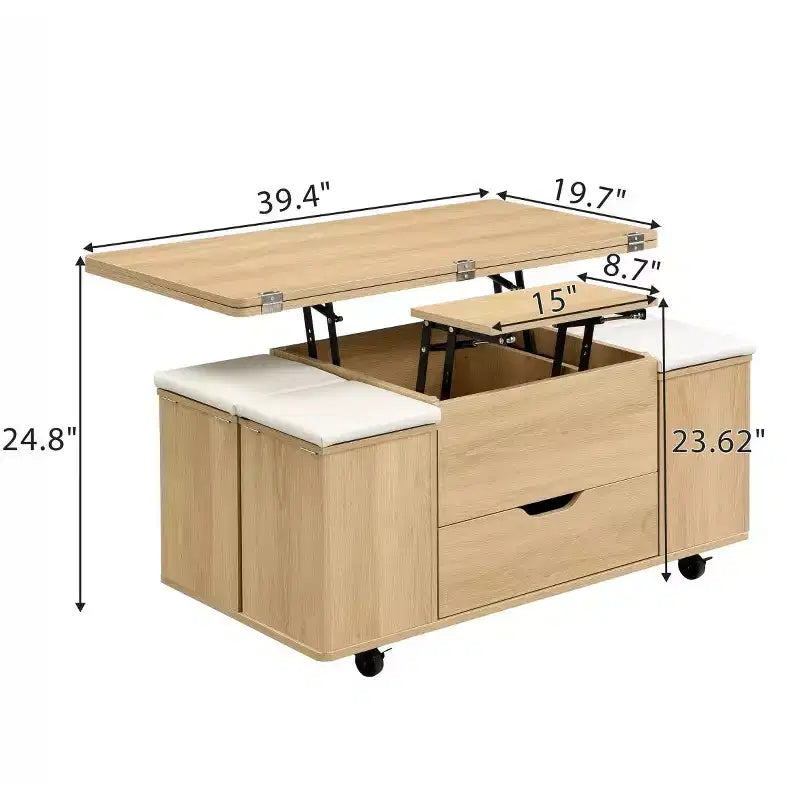 Table basse relevable moderne avec rangement et tabourets, table centrale multifonctionnelle mobile pour petits salons ou appartements