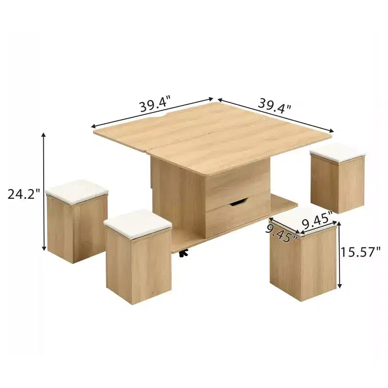 Table basse relevable moderne avec rangement et tabourets, table centrale multifonctionnelle mobile pour petits salons ou appartements