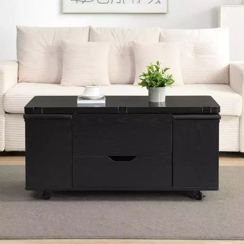 Table basse relevable moderne avec rangement et tabourets, table centrale multifonctionnelle mobile pour petits salons ou appartements