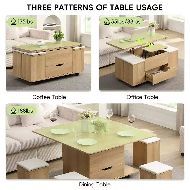 Table basse relevable moderne avec rangement et tabourets, table centrale multifonctionnelle mobile pour petits salons ou appartements