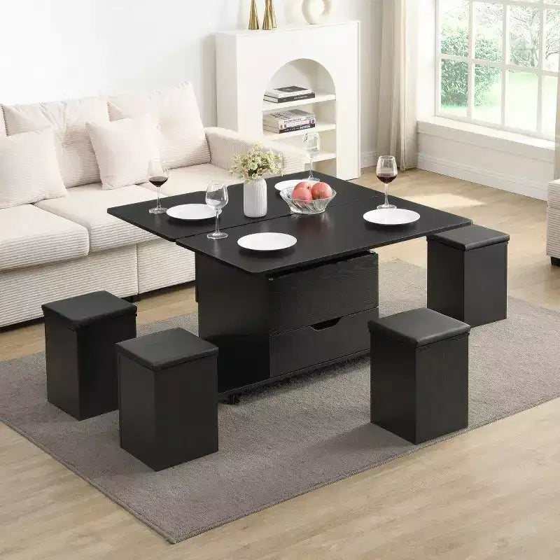 Table basse relevable moderne avec rangement et tabourets, table centrale multifonctionnelle mobile pour petits salons ou appartements