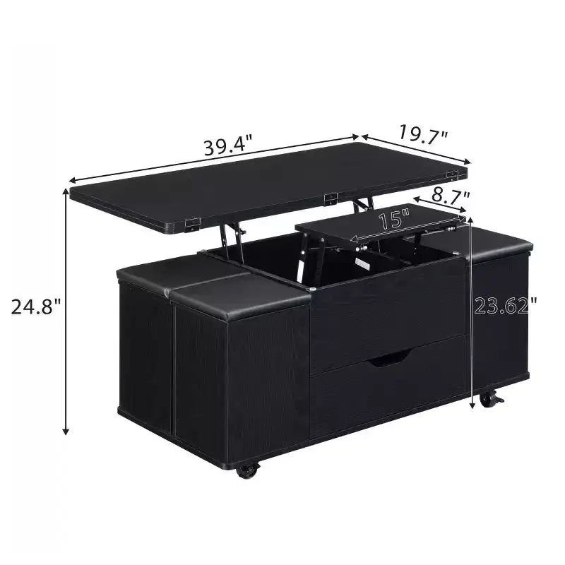 Table basse relevable moderne avec rangement et tabourets, table centrale multifonctionnelle mobile pour petits salons ou appartements