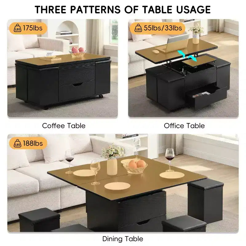 Table basse relevable moderne avec rangement et tabourets, table centrale multifonctionnelle mobile pour petits salons ou appartements
