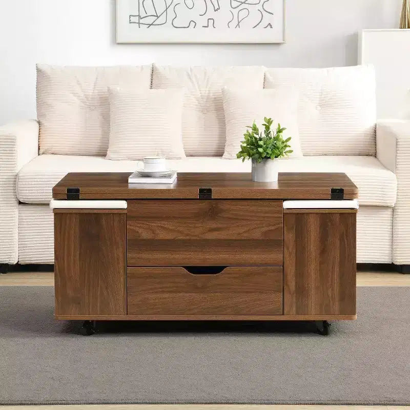 Table basse relevable moderne avec rangement et tabourets, table centrale multifonctionnelle mobile pour petits salons ou appartements