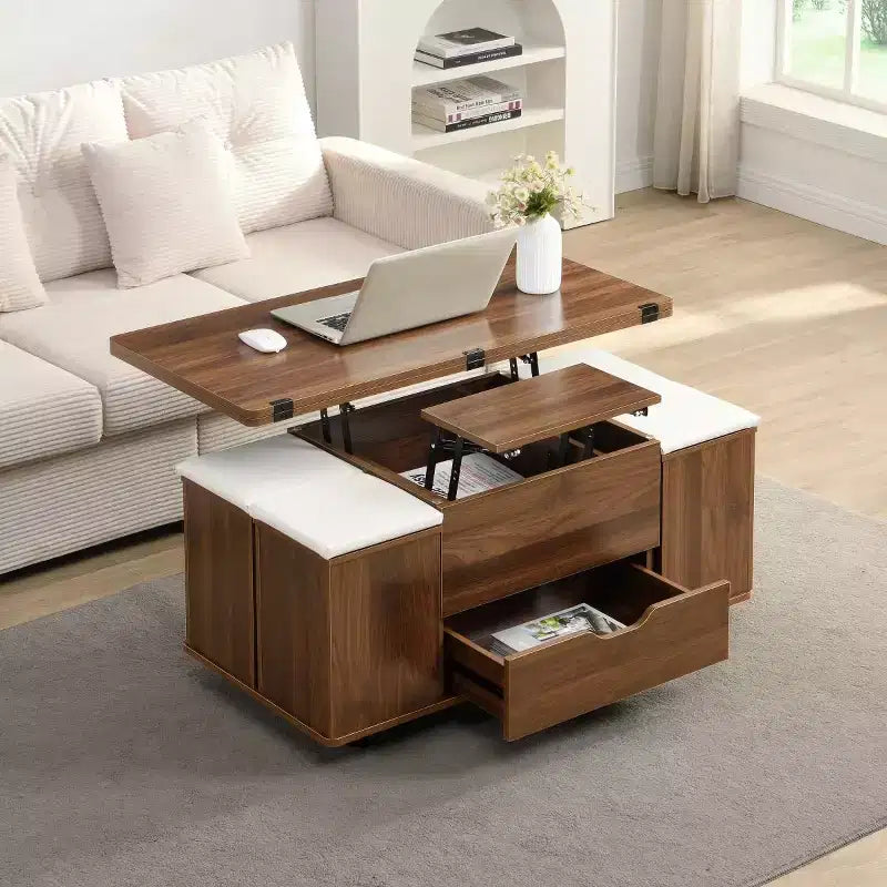 Table basse relevable moderne avec rangement et tabourets, table centrale multifonctionnelle mobile pour petits salons ou appartements