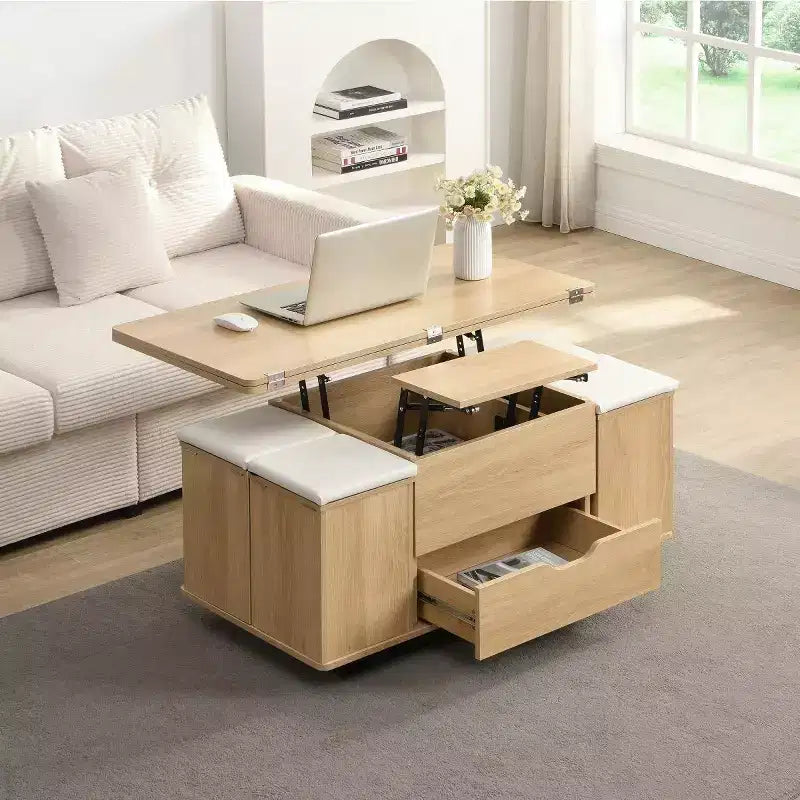 Table basse relevable moderne avec rangement et tabourets, table centrale multifonctionnelle mobile pour petits salons ou appartements