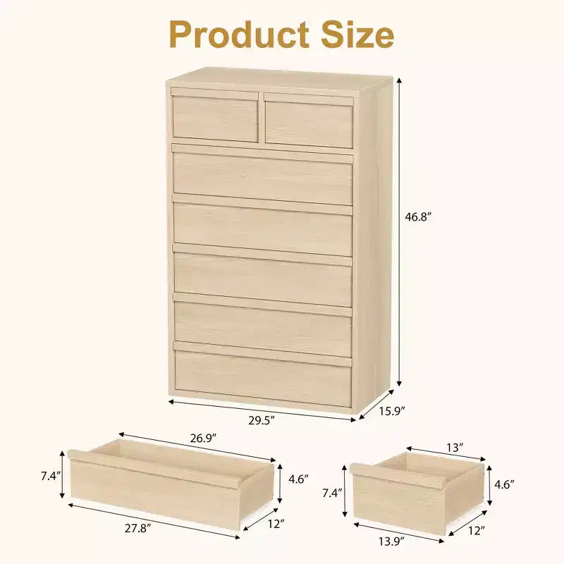 Commode à 7 tiroirs pour chambre à coucher, commode moderne de 46 pouces de haut à 7 tiroirs avec grands tiroirs de rangement, organisateur de commode en bois pour la maison, le bureau
