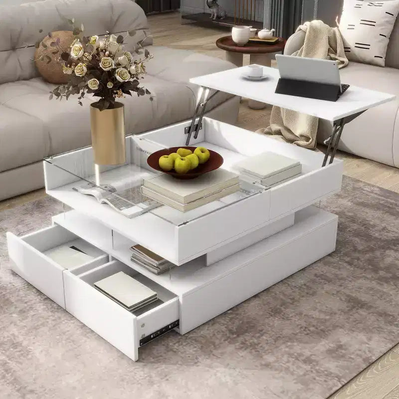 Table basse relevable moderne avec tiroirs, table basse carrée avec plateau en verre, table basse avec espace de rangement caché et lumières LED pour le salon