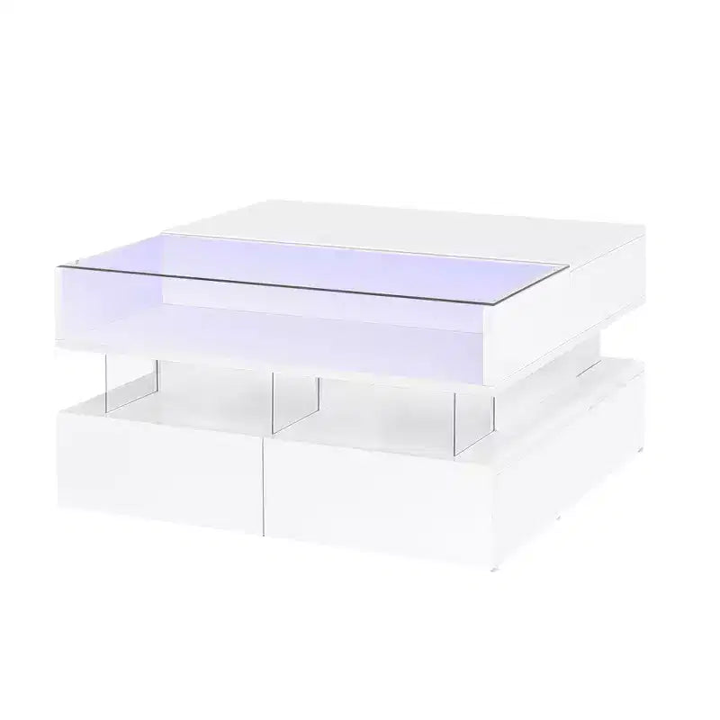 Table basse relevable moderne avec tiroirs, table basse carrée avec plateau en verre, table basse avec espace de rangement caché et lumières LED pour le salon