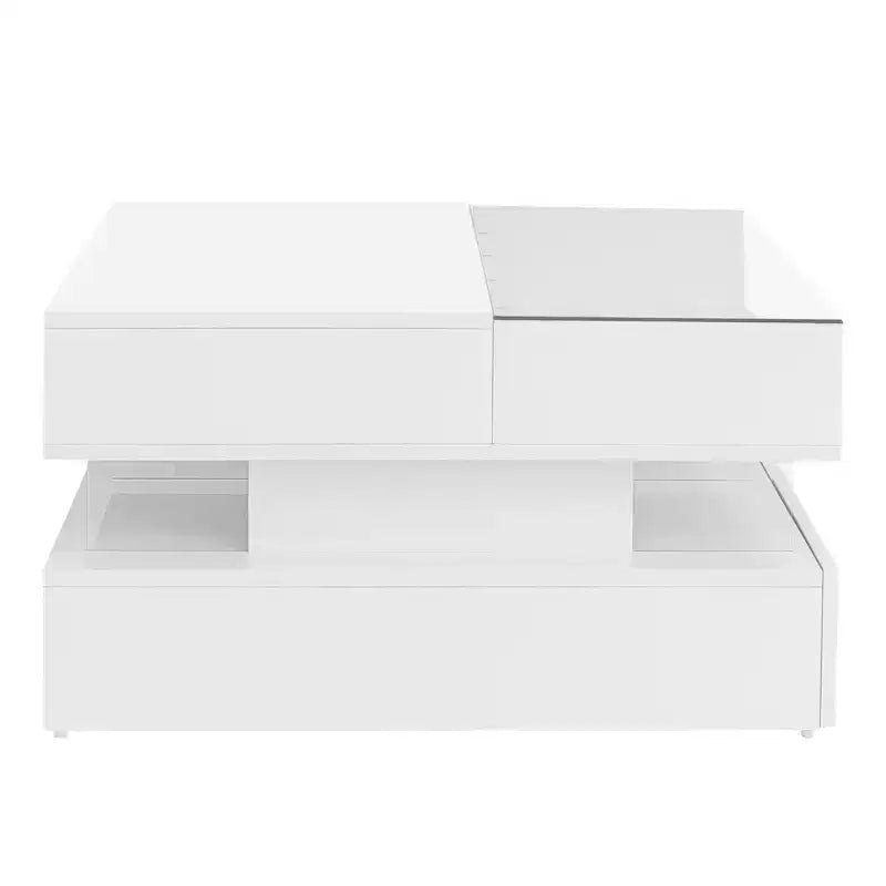 Table basse relevable moderne avec tiroirs, table basse carrée avec plateau en verre, table basse avec espace de rangement caché et lumières LED pour le salon
