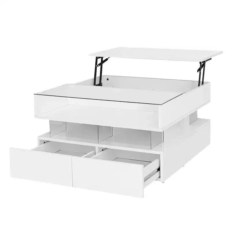 Table basse relevable moderne avec tiroirs, table basse carrée avec plateau en verre, table basse avec espace de rangement caché et lumières LED pour le salon