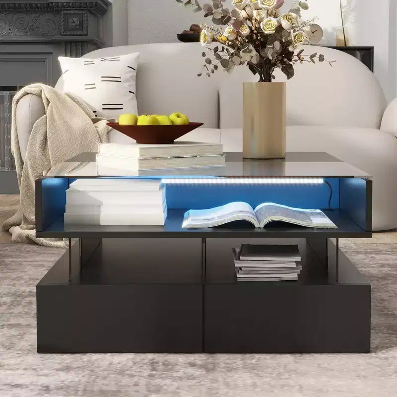 Table basse relevable moderne avec tiroirs, table basse carrée avec plateau en verre, table basse avec espace de rangement caché et lumières LED pour le salon