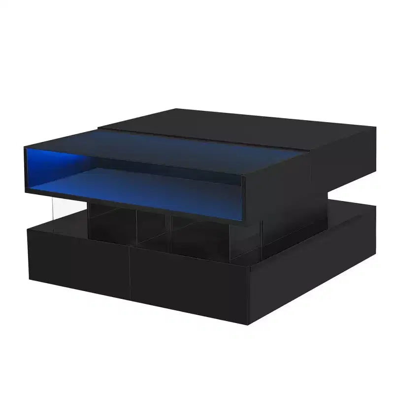 Table basse relevable moderne avec tiroirs, table basse carrée avec plateau en verre, table basse avec espace de rangement caché et lumières LED pour le salon