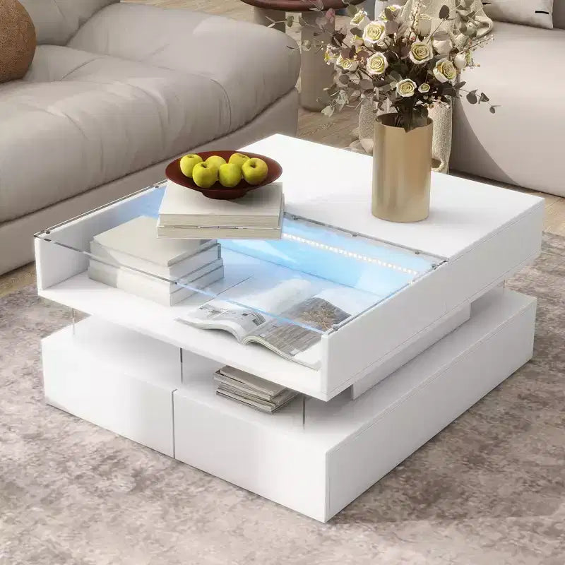 Table basse relevable moderne avec tiroirs, table basse carrée avec plateau en verre, table basse avec espace de rangement caché et lumières LED pour le salon
