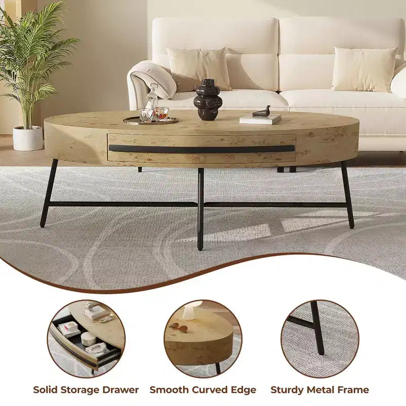Table basse ovale avec tiroir, table basse moderne du milieu du siècle, table basse en bois de 120 cm avec rangement et pieds en métal croisés, design incurvé