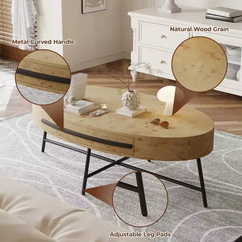 Table basse ovale avec tiroir, table basse moderne du milieu du siècle, table basse en bois de 120 cm avec rangement et pieds en métal croisés, design incurvé