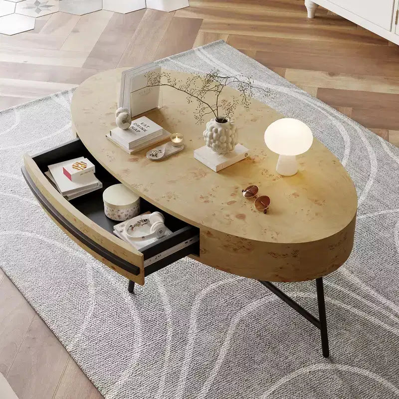 Table basse ovale avec tiroir, table basse moderne du milieu du siècle, table basse en bois de 120 cm avec rangement et pieds en métal croisés, design incurvé