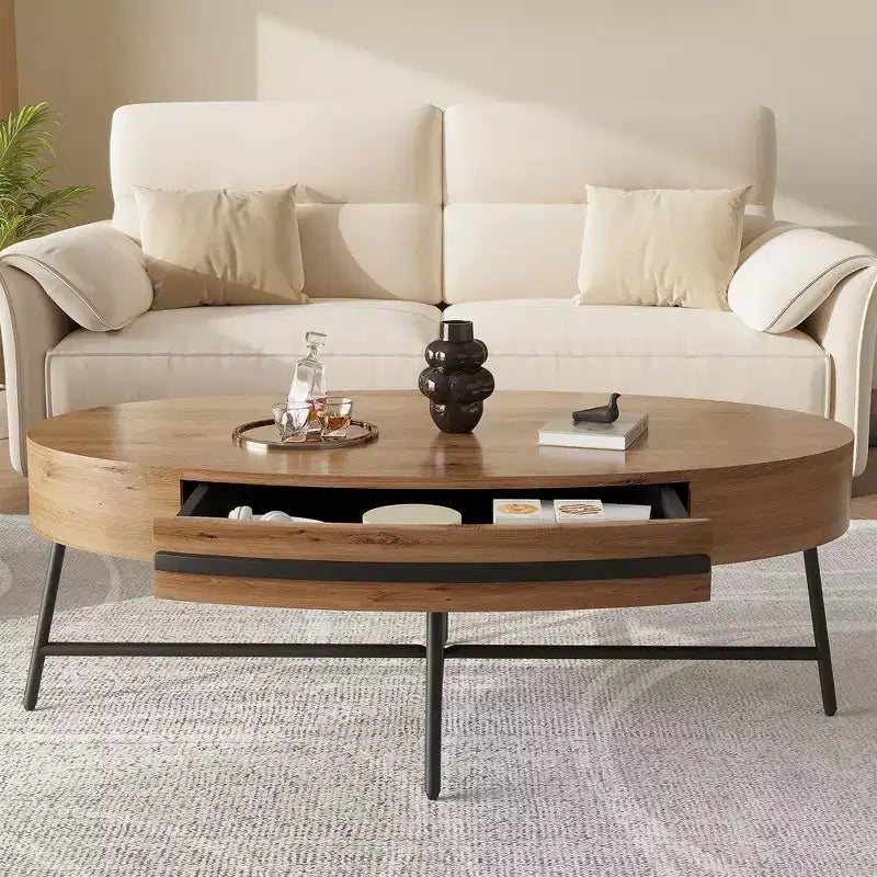 Table basse ovale avec tiroir, table basse moderne du milieu du siècle, table basse en bois de 120 cm avec rangement et pieds en métal croisés, design incurvé