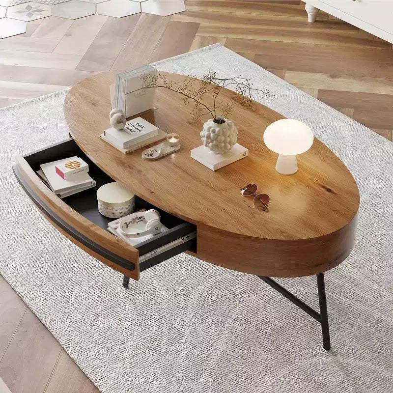 Table basse ovale avec tiroir, table basse moderne du milieu du siècle, table basse en bois de 120 cm avec rangement et pieds en métal croisés, design incurvé