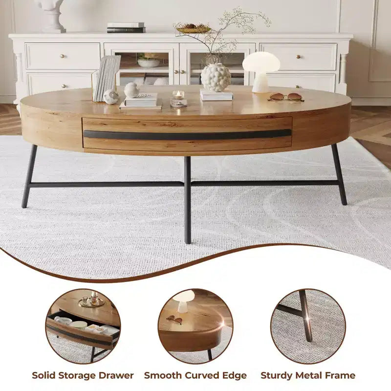 Table basse ovale avec tiroir, table basse moderne du milieu du siècle, table basse en bois de 120 cm avec rangement et pieds en métal croisés, design incurvé