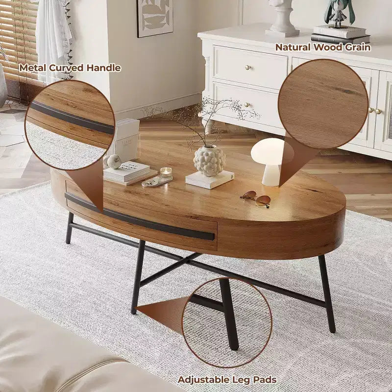 Table basse ovale avec tiroir, table basse moderne du milieu du siècle, table basse en bois de 120 cm avec rangement et pieds en métal croisés, design incurvé