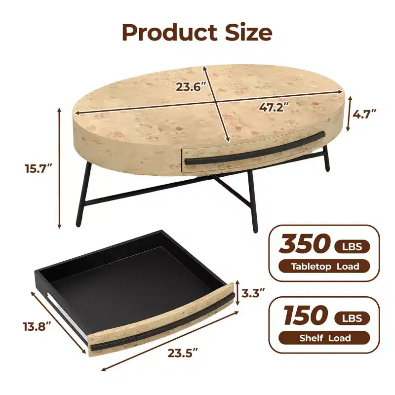 Table basse ovale avec tiroir, table basse moderne du milieu du siècle, table basse en bois de 120 cm avec rangement et pieds en métal croisés, design incurvé