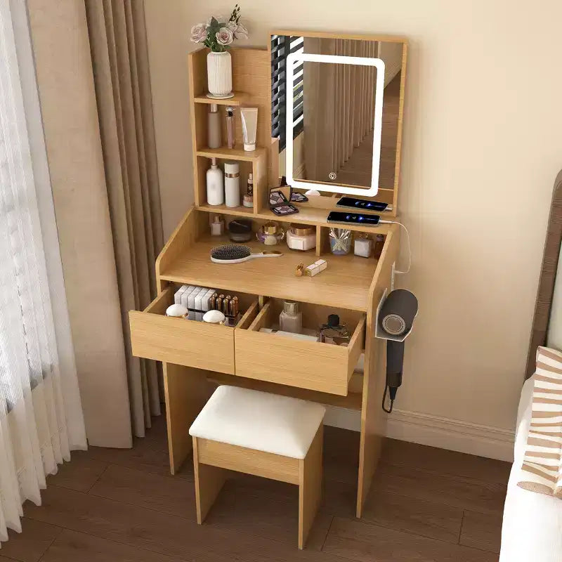 Coiffeuse moderne avec miroir LED, espace de rangement et tabouret