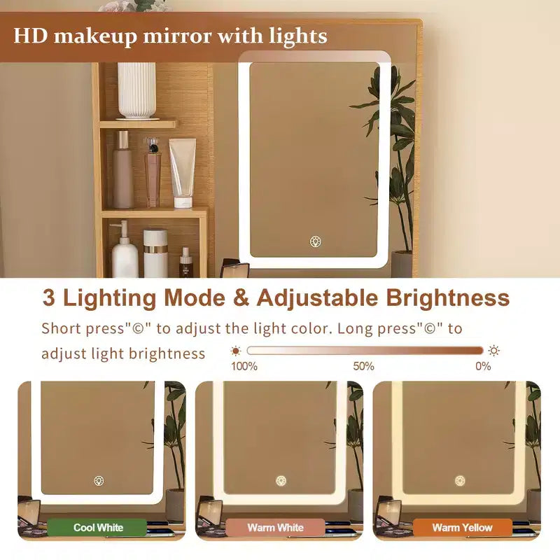 Coiffeuse moderne avec miroir LED, espace de rangement et tabouret