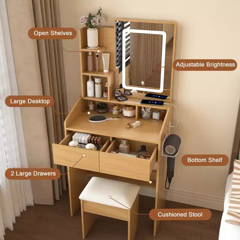 Coiffeuse moderne avec miroir LED, espace de rangement et tabouret