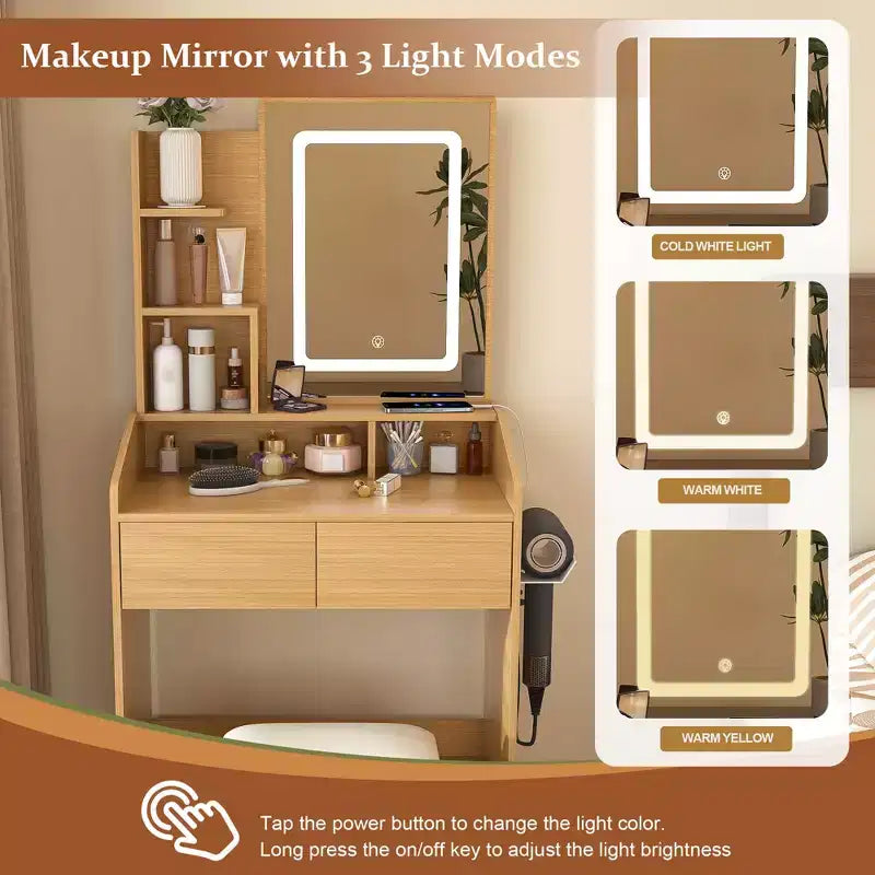 Coiffeuse moderne avec miroir LED, espace de rangement et tabouret