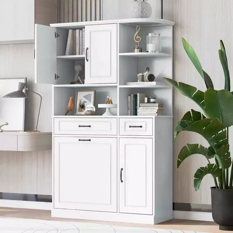 Meuble de rangement blanc haut autoportant avec tiroirs, portes et étagères réglables, MDF