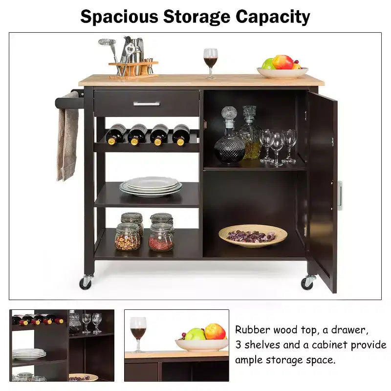 Desserte de cuisine à roulettes en bois à 4 niveaux avec placard de rangement, tiroir et étagère