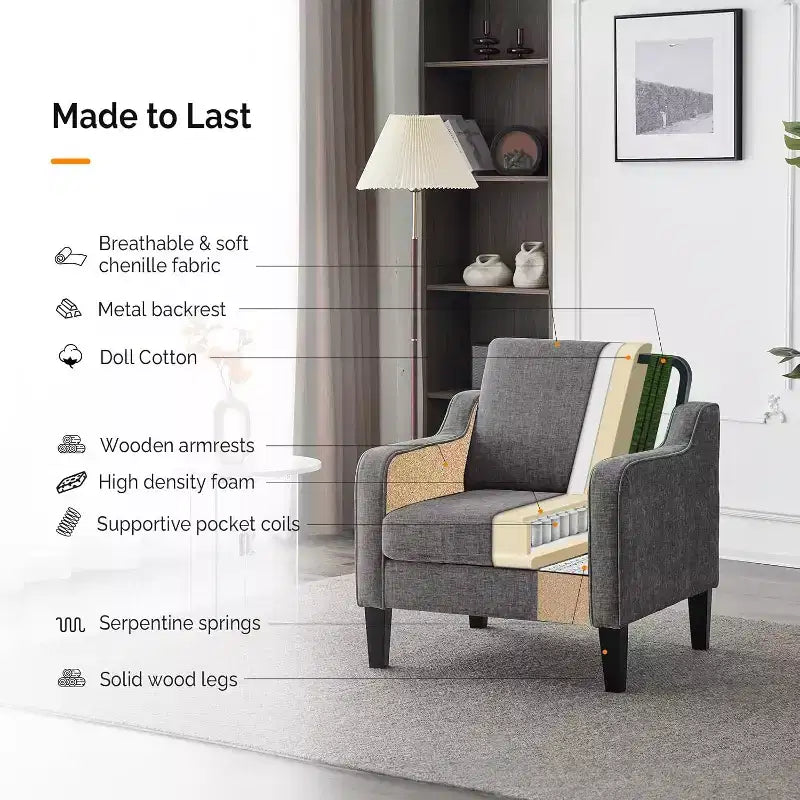 Fauteuil d'appoint pour salon, fauteuil de lecture du milieu du siècle moderne en tissu chenille rembourré avec accoudoirs
