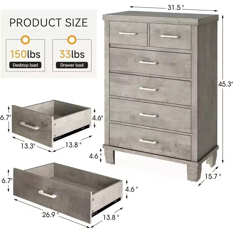 Commode haute à 6 tiroirs, commode moderne avec poignées métalliques, organisateur de rangement pour chambre à coucher ou placard