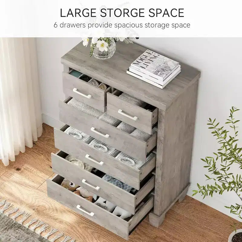 Commode haute à 6 tiroirs, commode moderne avec poignées métalliques, organisateur de rangement pour chambre à coucher ou placard
