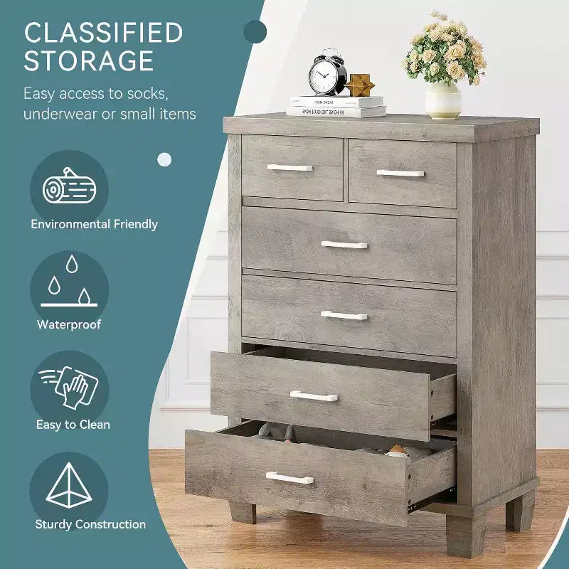 Commode haute à 6 tiroirs, commode moderne avec poignées métalliques, organisateur de rangement pour chambre à coucher ou placard