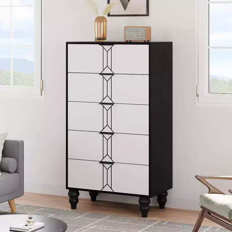 Commode à 5 tiroirs, style moderne avec motif vintage et rangement profond pour chambre à coucher, entrée