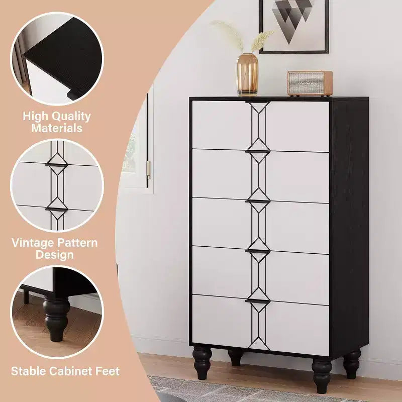 Commode à 5 tiroirs, style moderne avec motif vintage et rangement profond pour chambre à coucher, entrée