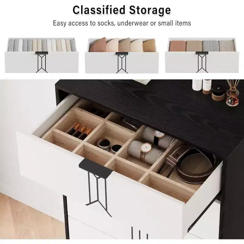Commode à 5 tiroirs, style moderne avec motif vintage et rangement profond pour chambre à coucher, entrée