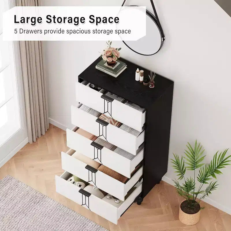 Commode à 5 tiroirs, style moderne avec motif vintage et rangement profond pour chambre à coucher, entrée