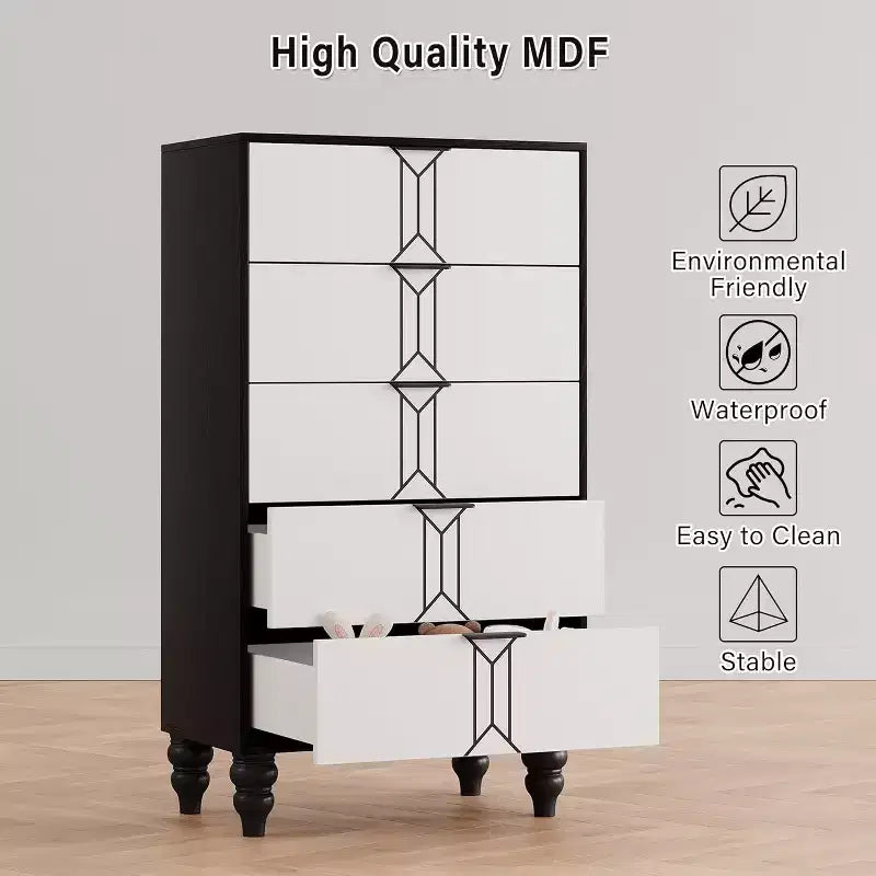 Commode à 5 tiroirs, style moderne avec motif vintage et rangement profond pour chambre à coucher, entrée