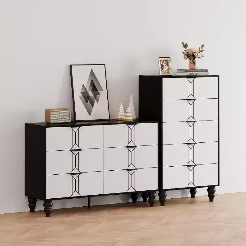 Commode à 5 tiroirs, style moderne avec motif vintage et rangement profond pour chambre à coucher, entrée