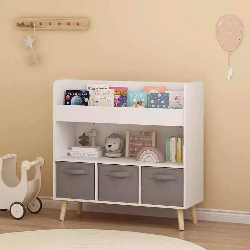 Étagère à livres pour enfants avec 3 bacs en tissu, bibliothèque moderne pour enfants avec rangement pour jouets et livres, étagère de rangement pour livres pour tout-petits pour salle de jeux