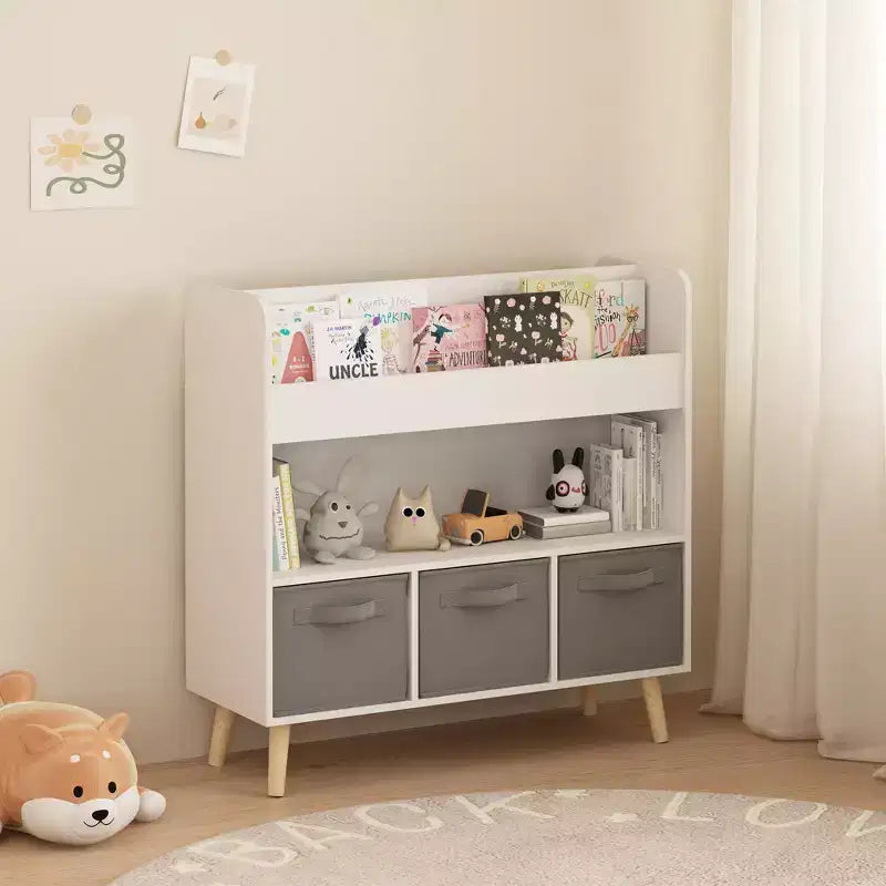 Étagère à livres pour enfants avec 3 bacs en tissu, bibliothèque moderne pour enfants avec rangement pour jouets et livres, étagère de rangement pour livres pour tout-petits pour salle de jeux