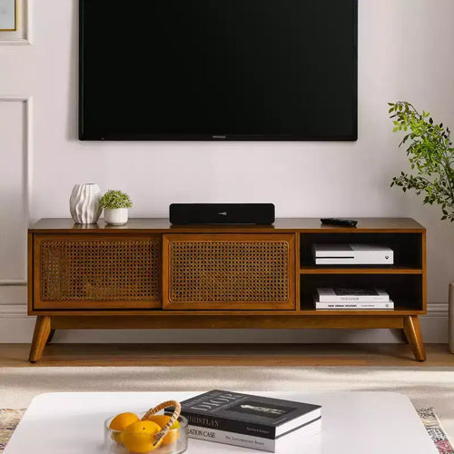 JVNOXK 59-inch Mid-Century Modern Rattan Media Console for 65-inch TVs, Solid Wood Base with Rattan Cabinet Doors - Light Wood